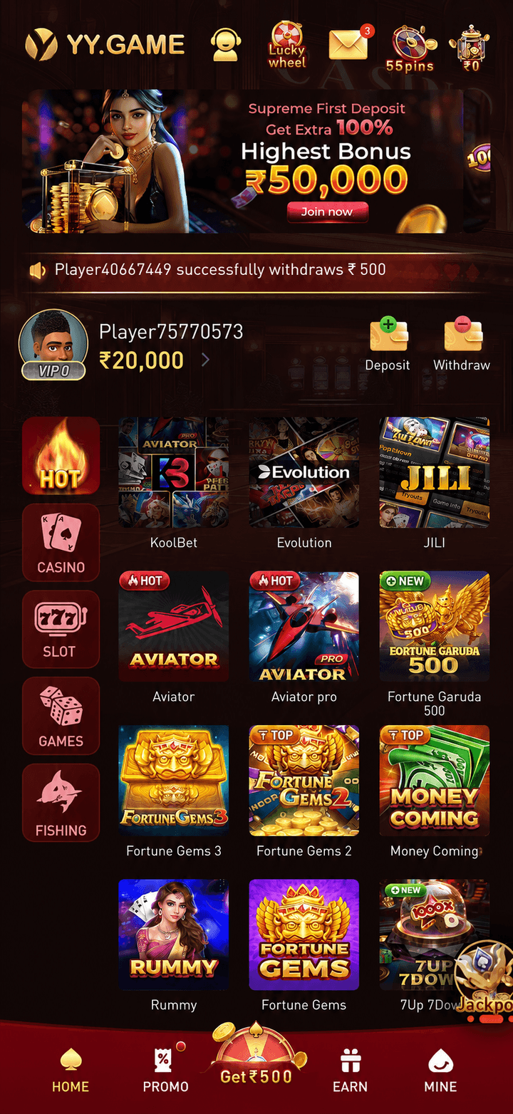YY Game app home screen on a mobile phone showing the lobby, bonus banner and game categories